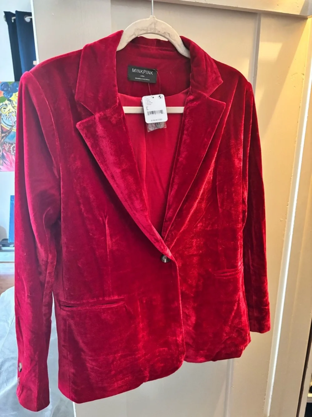 MINKPINK Vibrant Red Velvet Single-Button 2 piece Suit (Blazer and pants) - Picture 8 of 8